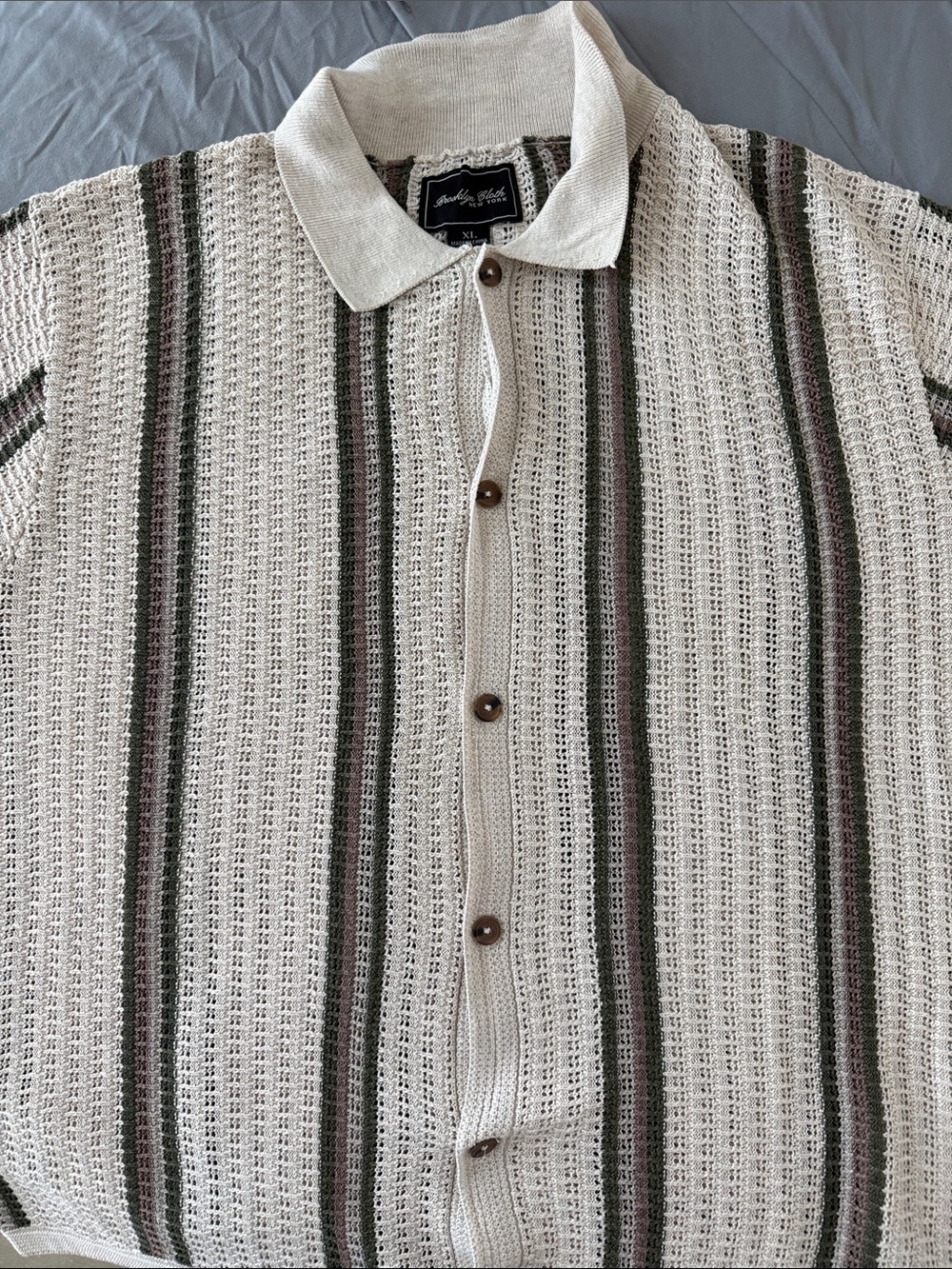 Men's Knit Polo Shirt with Vertical Stripes - Cream & Green